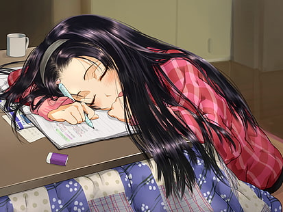 HD wallpaper: studying, sleeping, dark hair, anime girls | Wallpaper Flare