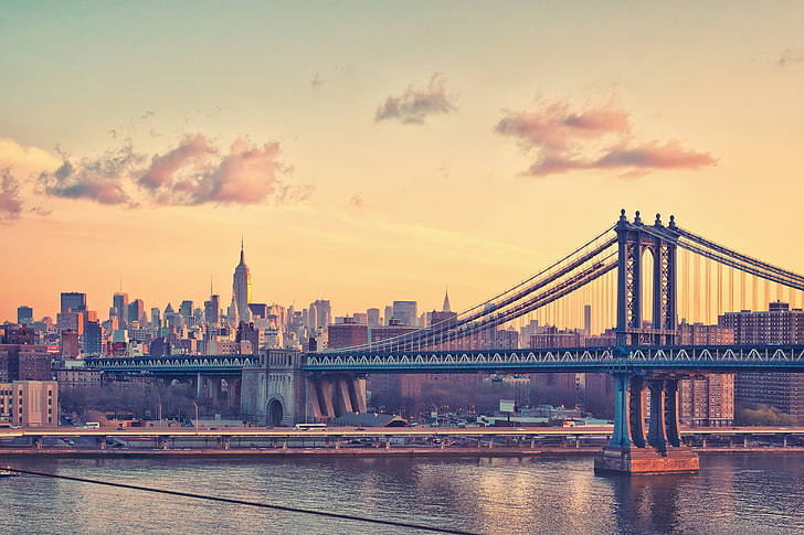 blue and brown bridge, new york, manhattan, sky, buildings, new York City