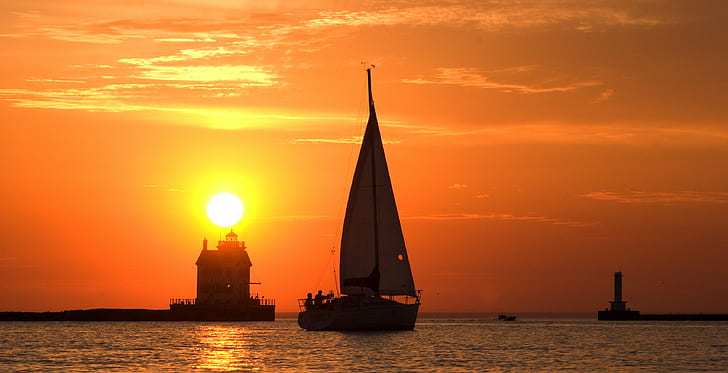 silhouette of sailboat on the ocean near house during golden hour, lorain, lorain, HD wallpaper