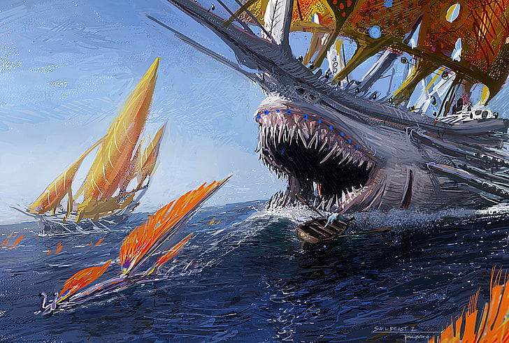 gray whale ship illustration, sea, fiction, danger, sailboat, HD wallpaper