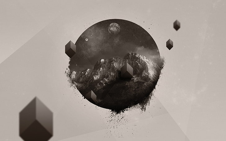 round black rocky mountain illustration, minimalism, digital art