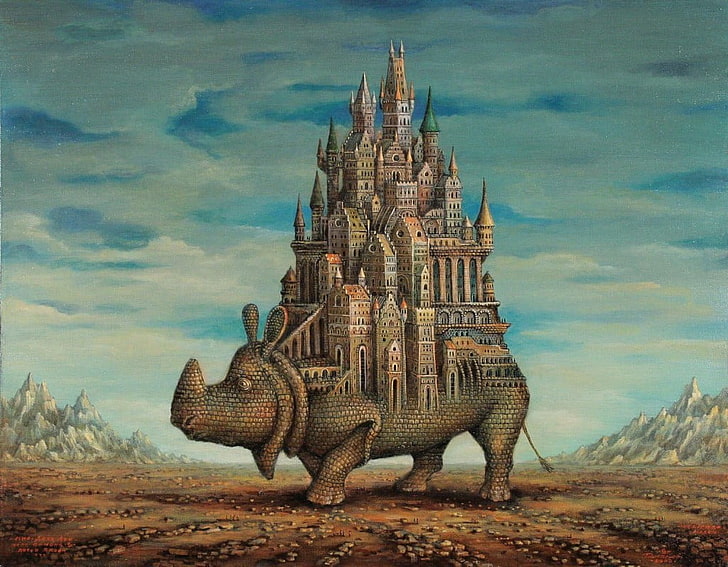 rhinoceros illustration, fantasy art, artwork, drawing, bricks