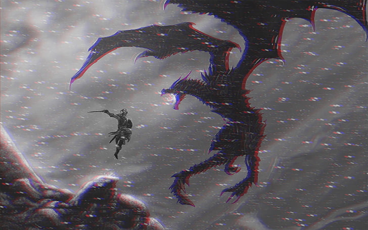 black dragon, The Elder Scrolls V: Skyrim, 3D, anaglyph 3D, video games, HD wallpaper