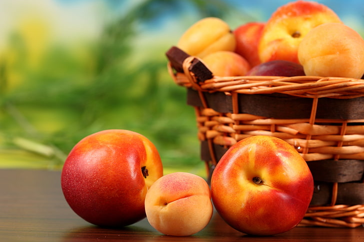 red apple fruits, peaches, nectarines, apricots, basket, food