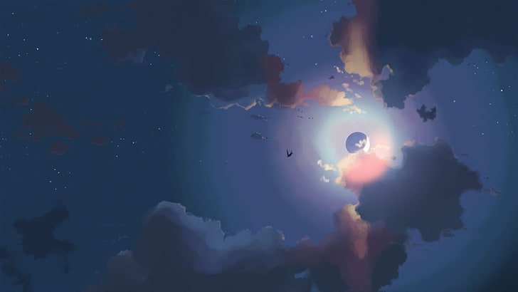 moon digital wallpaper, night, artwork, sky, clouds, cloud - sky, HD wallpaper