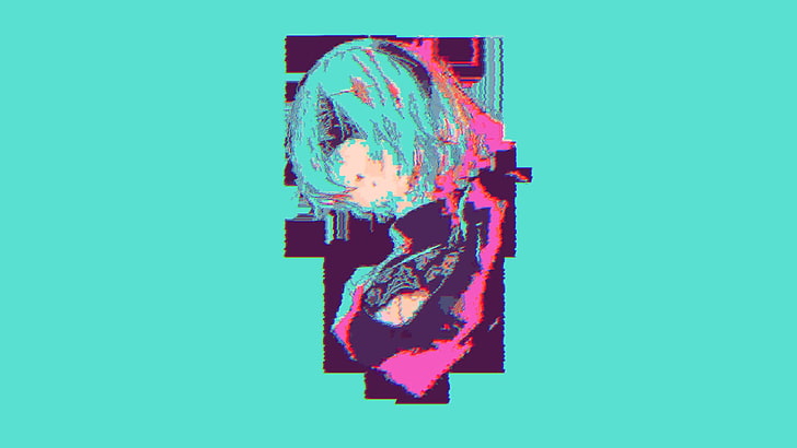 green haired female anime character illustration, vaporwave, 2B (Nier: Automata), HD wallpaper