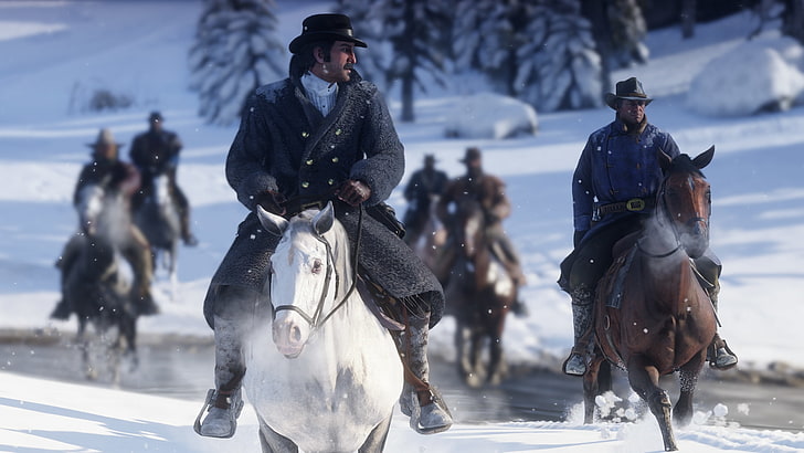 red dead redemption 2, snow, horse, cowboys, western, Games