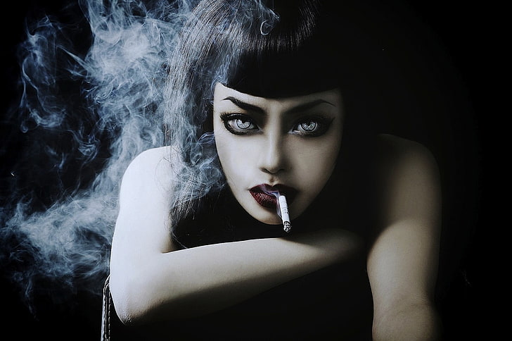 women's black lipstick and white single cigarette stick, girl