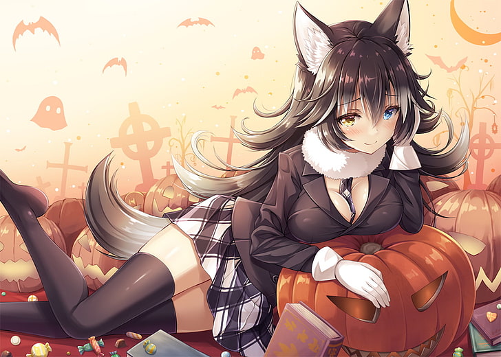 Halloween, pumpkin, animals, bats, black hair, blushing, books