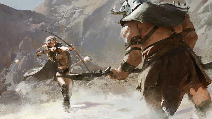 warrior facing an archer illustration, bow, fighting, fantasy art