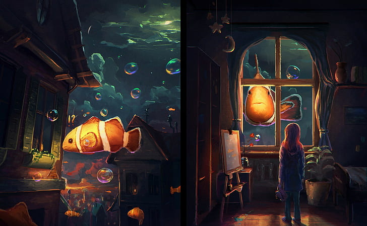 Fantasy Art, Clownfish, Fish, Window, Bubbles, Night, Sylar, HD wallpaper
