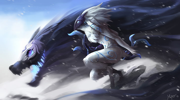 white and blue wolf character, League of Legends, Kindred, video games, HD wallpaper