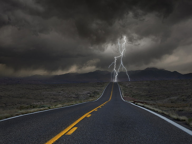 gray asphalt road, storm, lightning, desert, cloud - sky, sign