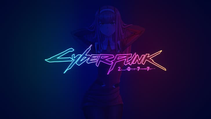 Cyberpunk 2077, neon, anime girls, Zero Two (Darling in the FranXX)