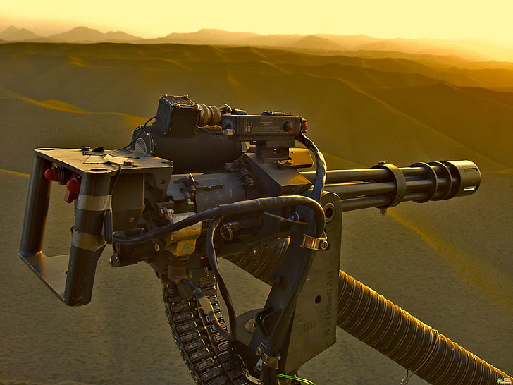 black machine gun, helicopter, Gatling, mountain, nature, sunset, HD wallpaper