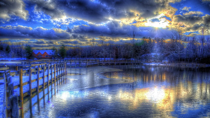 winter, nature, sky, water, frost, cloud, evening, ice, bluish, HD wallpaper