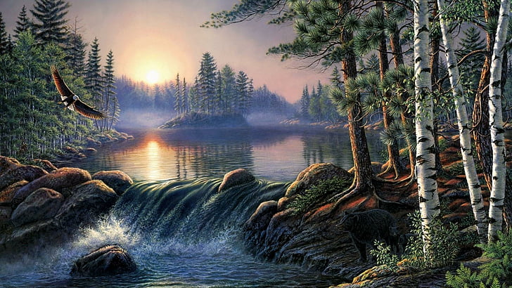 nature, water, tree, forest, landscape, painting, artistic