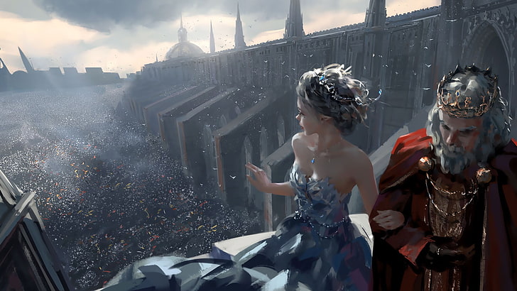 girl, fantasy, party, cathedral, dress, crown, man, crowd, elf