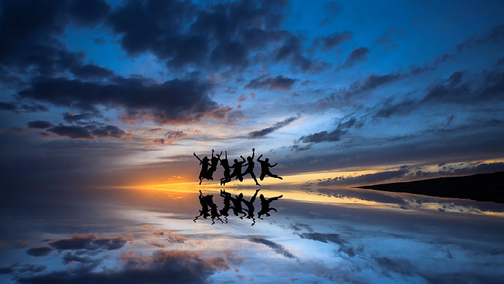 haixi, qinghai, young, jump, cloud, sky, mirror, reflection, HD wallpaper