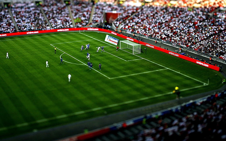 green soccer field, football, game, tribune, gate, spectators, HD wallpaper