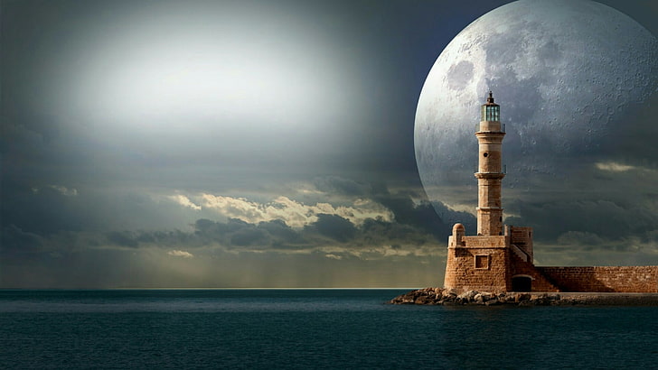 lighthouse, moon, sea, sky, tower, atmosphere, supermoon, phenomenon, HD wallpaper