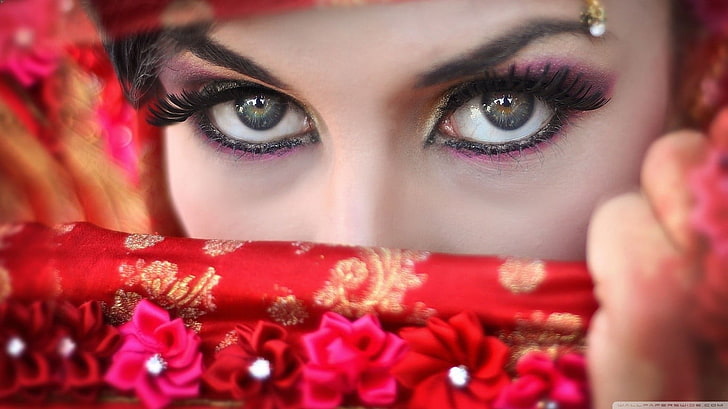 women's pink eyeshadow, veils, portrait, one person, adult, young adult