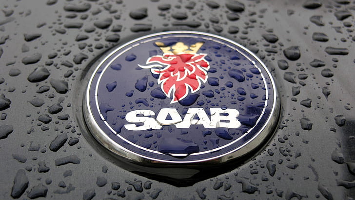 Saab Logo HD, black, blue, lion, rain, raindrops, red, shiny
