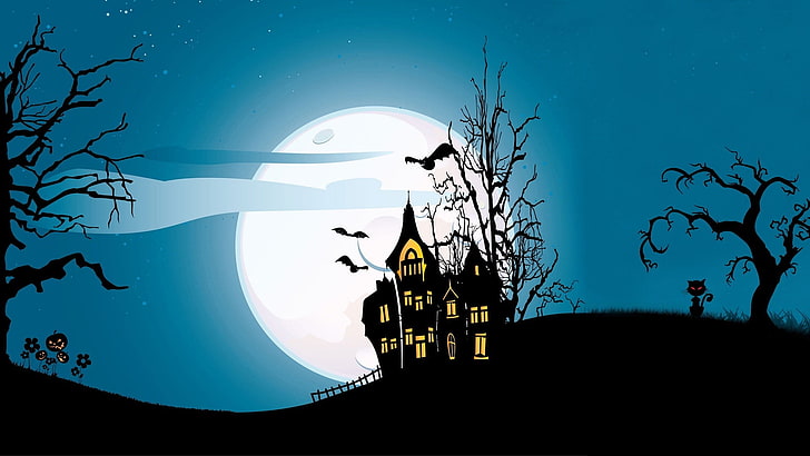 haunted house and full moon wallpaper, Halloween, digital art, HD wallpaper