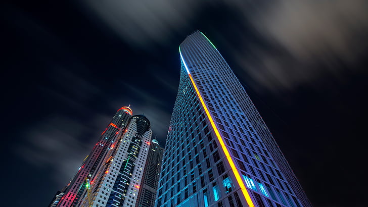 skyscraper, architecture, building, tower, dubai, night, united arab emirates, HD wallpaper