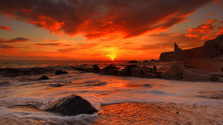 red sky, sea, sunset, shore, horizon, afterglow, beach, coast, HD wallpaper