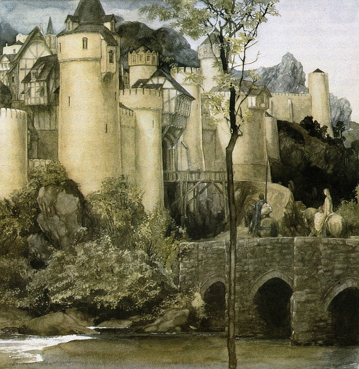 white concrete castle painting, Alan Lee, The Mabinogion, architecture