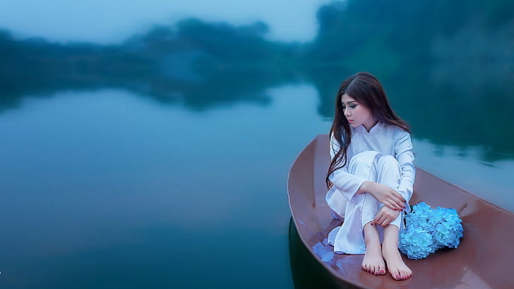 women, sitting, barefoot, boat, long hair, women outdoors, photo manipulation, HD wallpaper