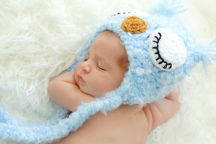 baby's blue knit cap, sleep, shower cap, owl, child, cute, small