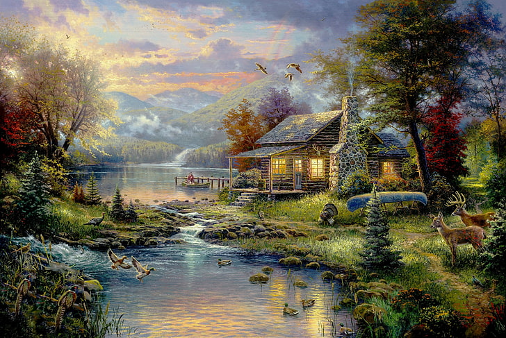 house surrounded by trees near body of water, forest, mountains