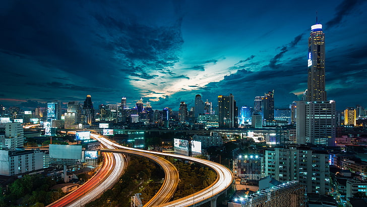 City Buildings Skyscrapers, Lighting Up The Night Road Bridge Traffic Sky Clouds Hd 3840×2160 Wallpaper