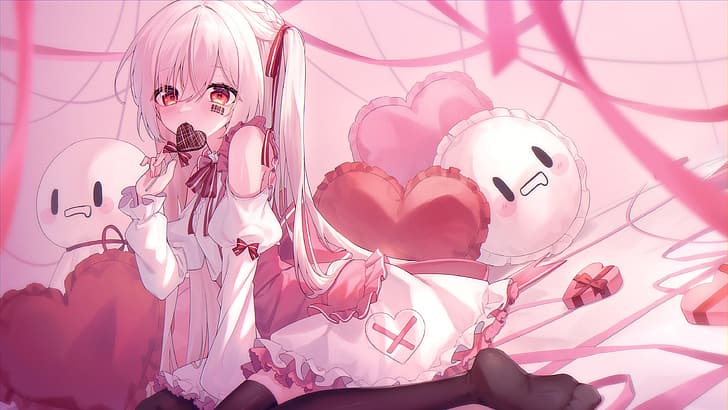 Pixiv, anime, anime girls, candy, heart, red eyes, tattoo, bow, HD wallpaper
