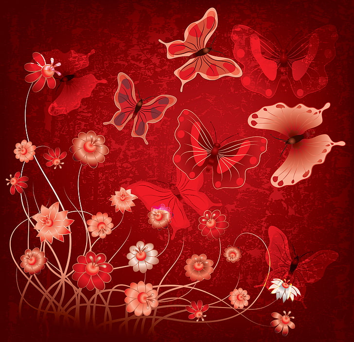 four red butterflies with flower illustration, butterfly, flowers, HD wallpaper