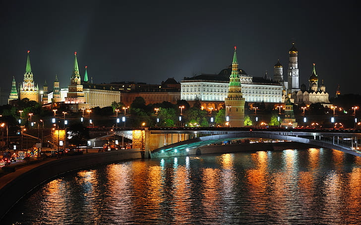 Moscow Night Lights, capital, dark, city, town, urss, HD wallpaper