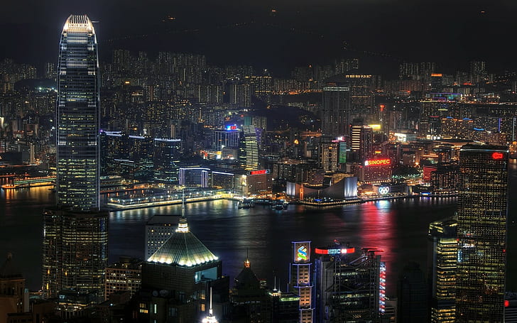 Hong kong, City, Skyscrapers, Neon, China, Night, illuminated, HD wallpaper