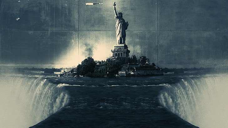 Statue of Liberty, digital art, waterfall, sculpture, art and craft, HD wallpaper