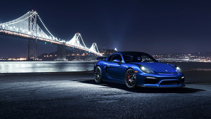Blue Cars, bridge, Cityscape, Lights, night, porsche, Porsche Cayman GT4, HD wallpaper