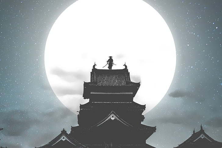 Fantasy, Samurai, Moon, Night, Warrior