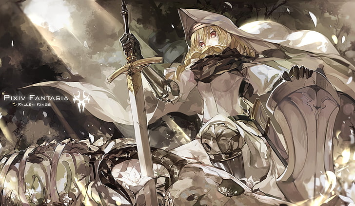 anime, original characters, sword, braids, Pixiv Fantasia: Fallen Kings, HD wallpaper