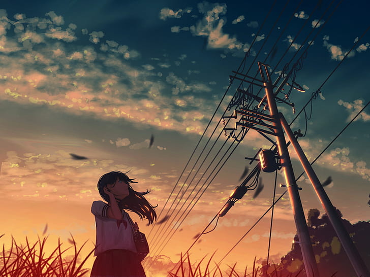 anime, anime girls, sky, clouds, summer, sunset, utility pole, HD wallpaper