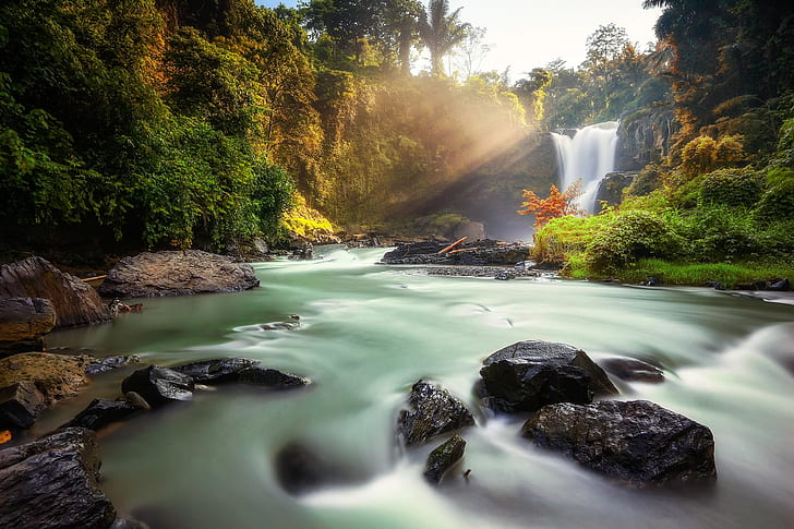 river, waterfall, long exposure, nature