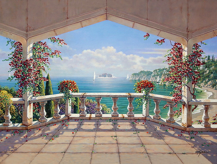 brown and white balcony illustration, summer, picture, art, artist