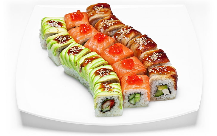 plate of sushi, rolls, seafood, caviar, gourmet, meal, dinner, HD wallpaper