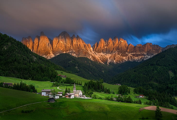 landscape, mountains, nature, hills, morning, Italy, Church