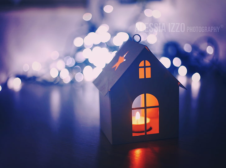 Home Sweet Home, brown tealight candle, Aero, Bokeh, Blue, House, HD wallpaper