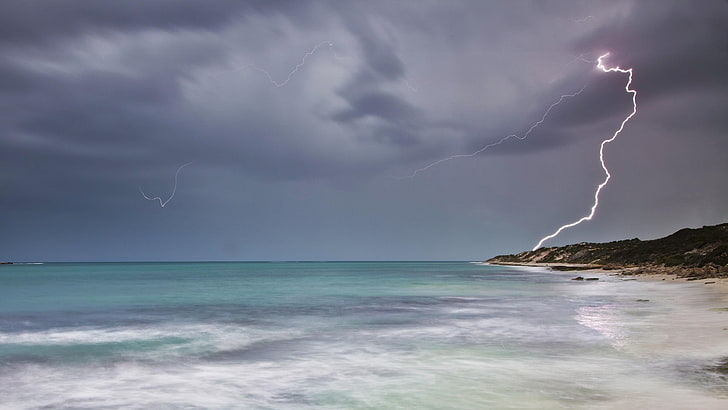lightning, sky, sea, cloudy, ocean, storm, coast, cloud - sky, HD wallpaper